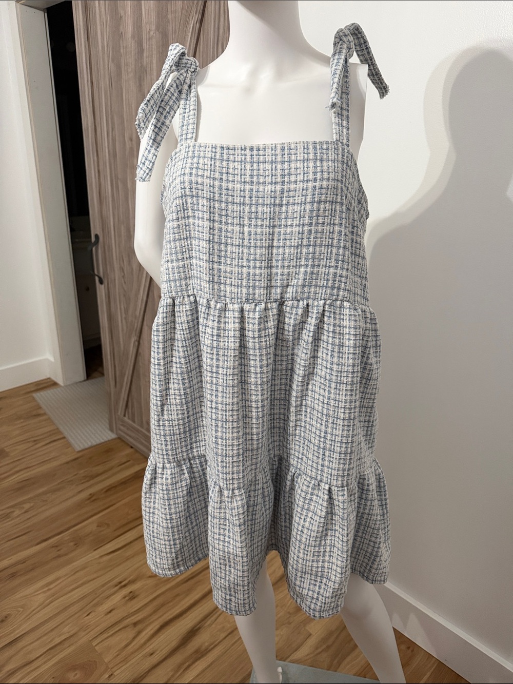 Blue & White Plaid Tie-Shoulder Sundress